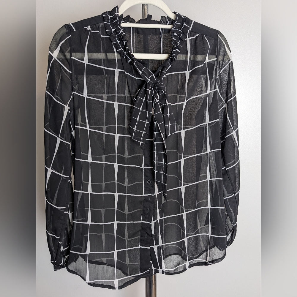 Who What Wear ruffled tie neck, window pane Blouse, Black/White, Size Small